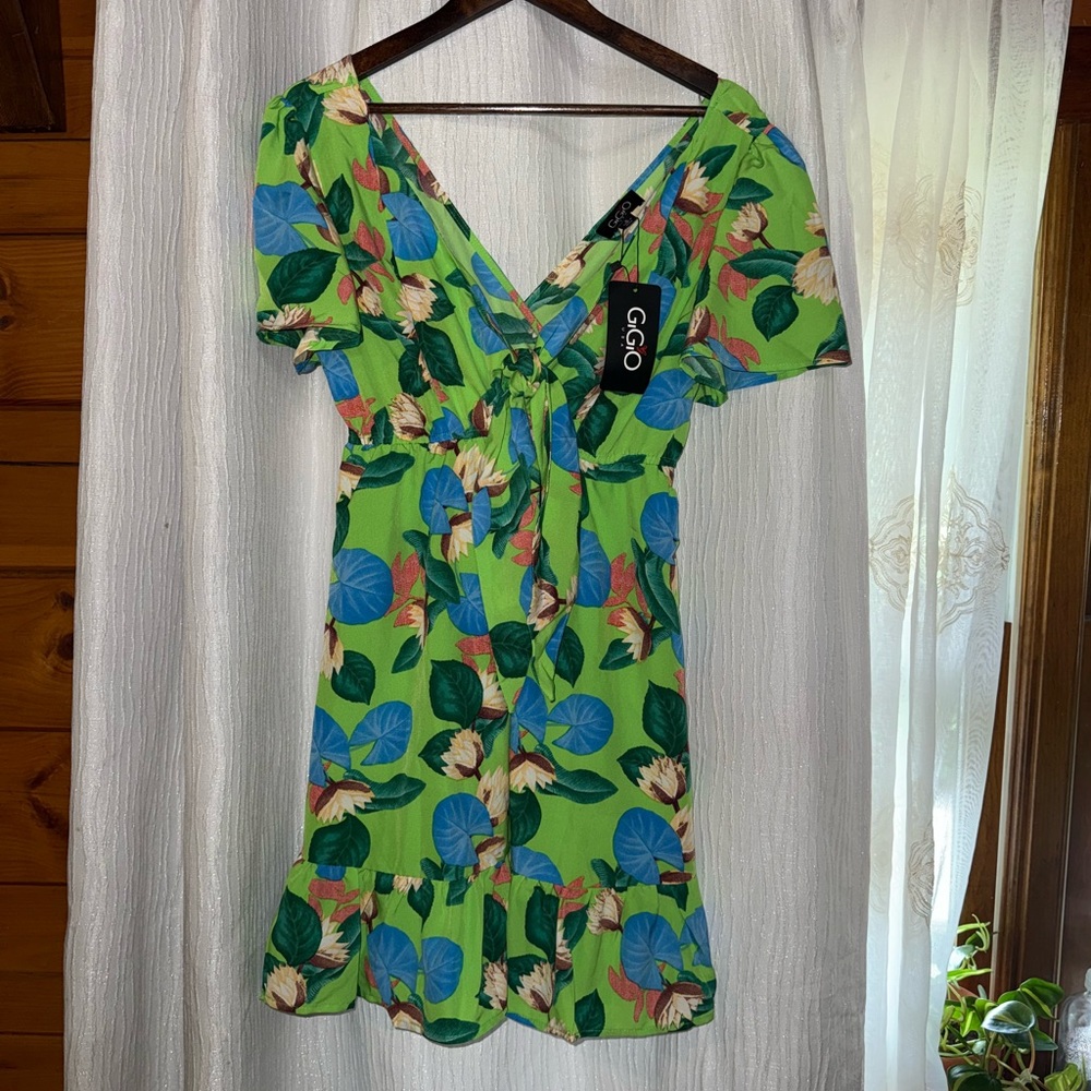 GigiO Green Floral Dress with Blue and Pink Details